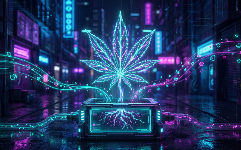 Futuristische Cannabis-Pflanze im Cyberpunk-Stil mit leuchtenden Wurzeln, die Nährstoffe aufnimmt – Symbolbild für optimale Cannabis-Düngung und gesundes Wachstum.