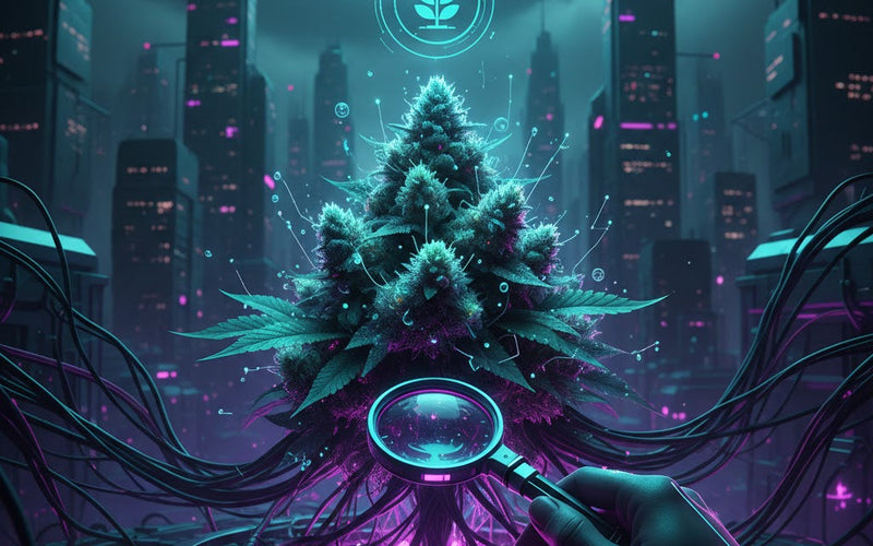 Cyberpunk-Cannabis-Ernte: Nahaufnahme einer leuchtenden Marihuana-Pflanze in Lila und Türkis, mit einer futuristischen Lupe für die Trichom-Kontrolle, vor einer dunklen Stadt-Skyline. Digitaler Grow-Guide und optimaler Erntezeitpunkt.