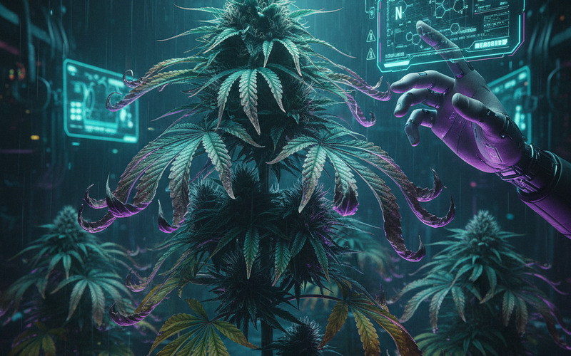 Cannabis Nährstoffmangel: Pflanze mit gelben Blättern und braunen Flecken (Stickstoff-, Calcium- und Magnesium-Mangel)