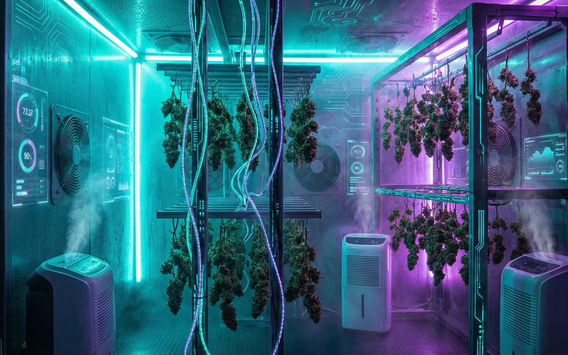 Futuristischer High-Tech Cannabis Trockenraum im Cyberpunk-Stil: Hängende Blüten zur schonenden Trocknung und Curing für maximale Qualität – Strainlab