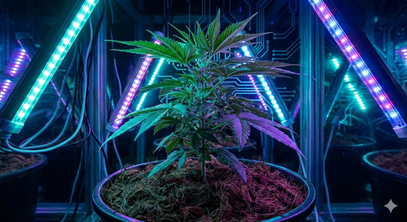 Cannabis Anbau auf Kokos: junge Pflanze auf Coco Coir Substrat unter LED-Grow-Licht mit Drain-to-Waste-Bewässerung