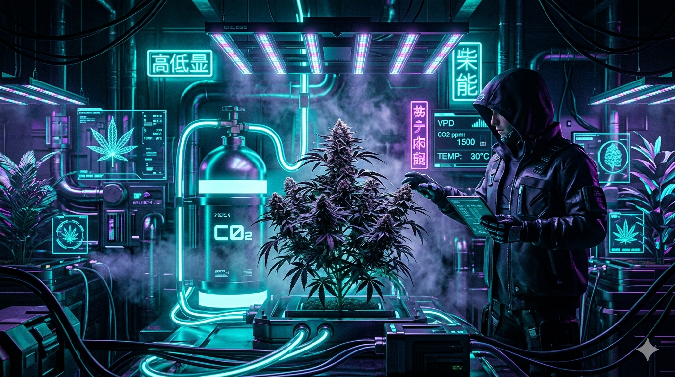 Professionelle Cannabis-Pflanze in einer High-Tech Growbox mit CO2-Begasung im futuristischen Cyberpunk-Stil von StrainLab.de