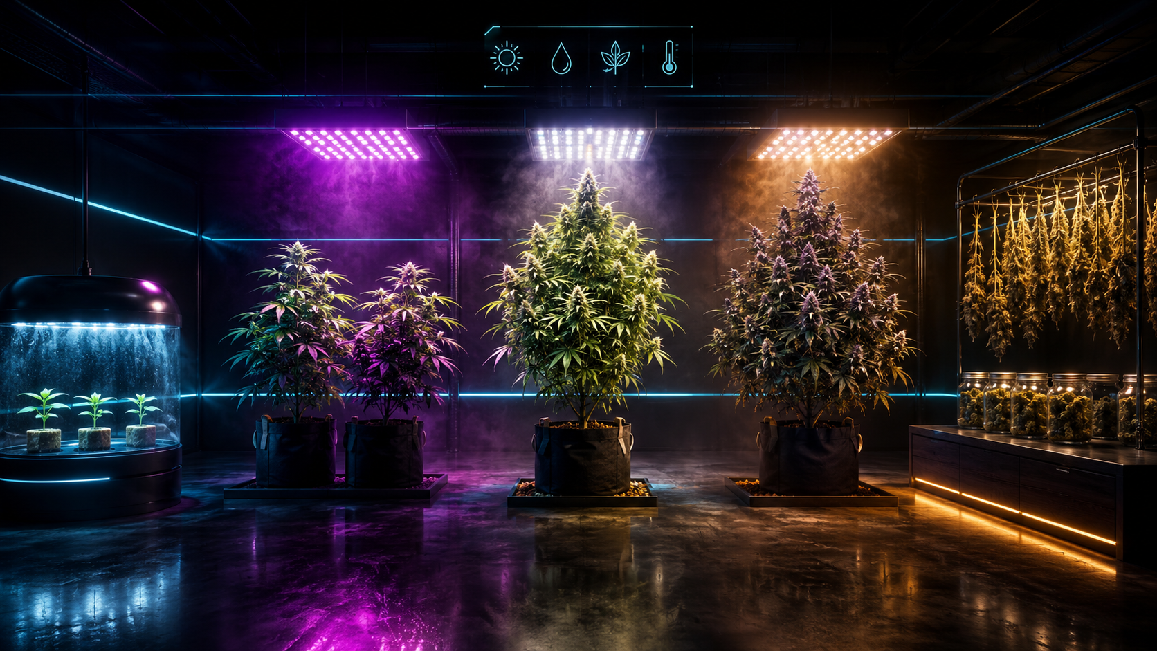Cannabis Anbau Guide Übersicht: futuristisches Indoor-Grow-Labor mit allen Lebensphasen von Sämling bis Ernte unter farbigem LED-Licht