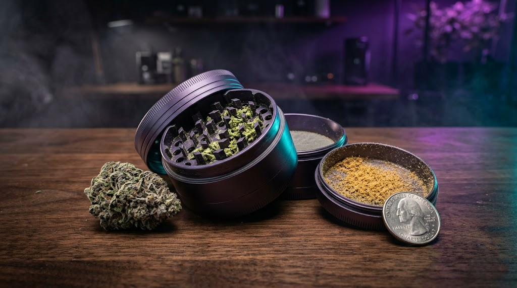 Premium 4-teiliger Cannabis-Grinder aus eloxiertem Aluminium mit Diamond-Cut-Zähnen, Pollensieb und Kief-Catcher im Cyberpunk-Stil