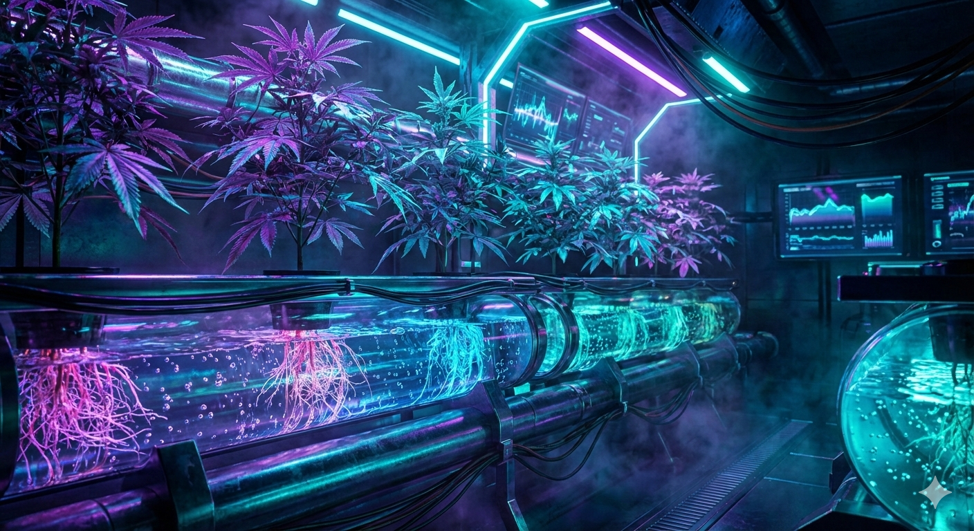 Futuristisches High-Tech Hydroponik-System für Cannabis im Cyberpunk-Stil. Die Wurzeln der Pflanzen sind in beleuchteten Röhren mit Nährlösung unter violettem und türkisem Neonlicht sichtbar, was effizientes Wachstum symbolisiert.