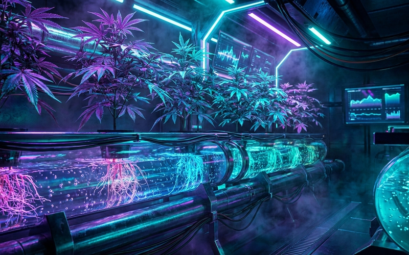 Futuristisches High-Tech Hydroponik-System für Cannabis im Cyberpunk-Stil. Die Wurzeln der Pflanzen sind in beleuchteten Röhren mit Nährlösung unter violettem und türkisem Neonlicht sichtbar, was effizientes Wachstum symbolisiert.