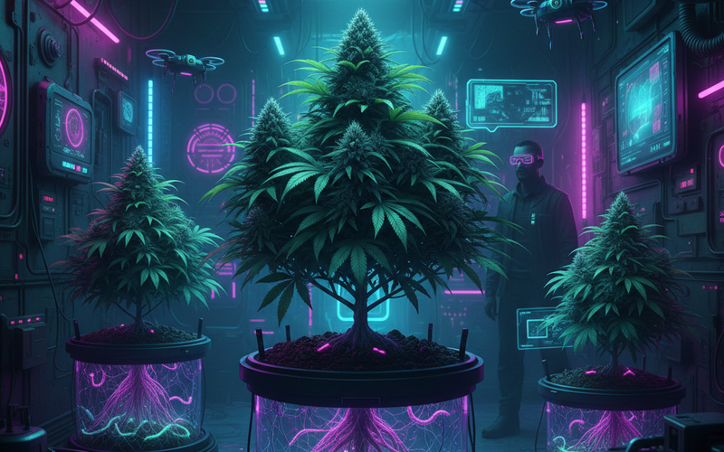 Living Soil Cannabis Anbau: organisch gewachsene Pflanze in Topf mit lebendigem Boden und Mykorrhiza im Indoor-Grow