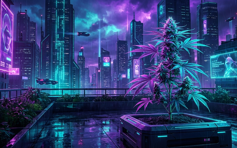 Futuristische Cannabispflanze in einem High-Tech-Topf auf einem Dachgarten vor einer Cyberpunk-Stadtkulisse mit lila und türkisen Neonlichtern bei Nacht. Symbolbild für modernen Cannabis Outdoor Anbau.