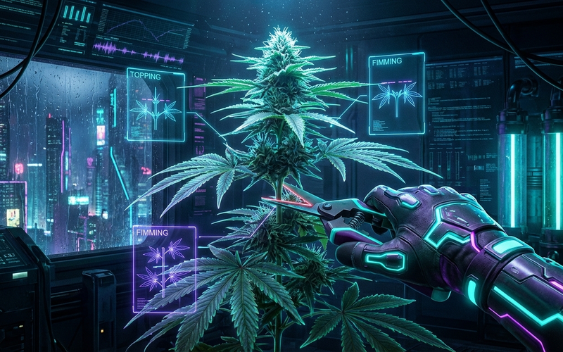 Cannabis beschneiden Anleitung: Visualisierung der Topping und Fimming Schnitttechniken an einer Pflanze im futuristischen Cyberpunk-Stil.