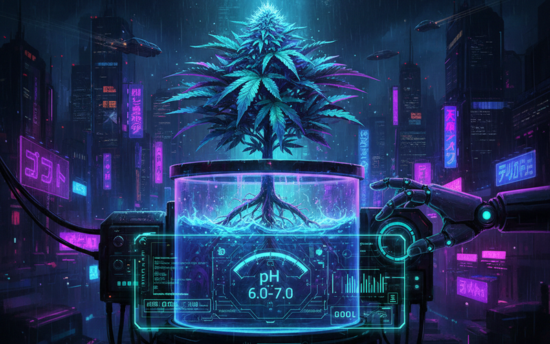 Futuristische Cannabis-Pflanze im Cyberpunk-Stil mit holografischer pH-Wert-Anzeige zur Optimierung des Gießwassers.