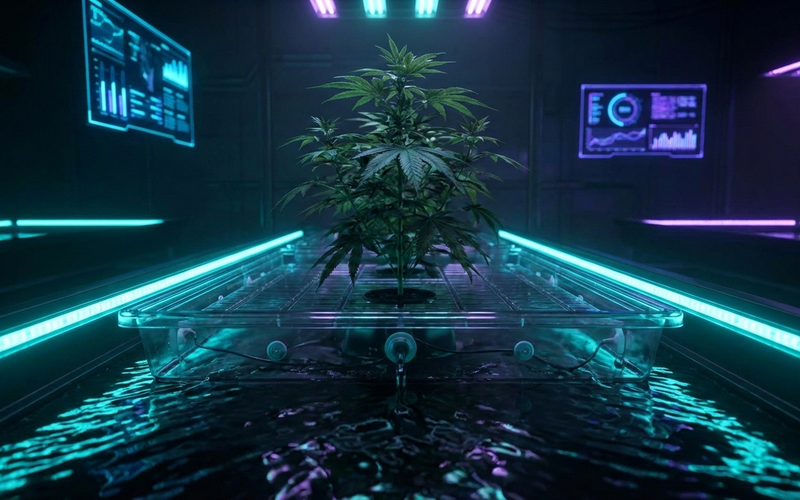 Futuristische Cannabispflanze im Cyberpunk-Stil in einem Grow-Lab mit Fokus auf das Drainagewasser (Runoff) für die Abwasser-Analyse.