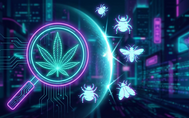 Cyberpunk-Illustration zur Identifikation von Cannabis-Schädlingen: Eine neonfarbene Lupe fokussiert ein Hanfblatt, umgeben von digitalen Icons für Spinnmilben und Trauermücken in Türkis und Lila.