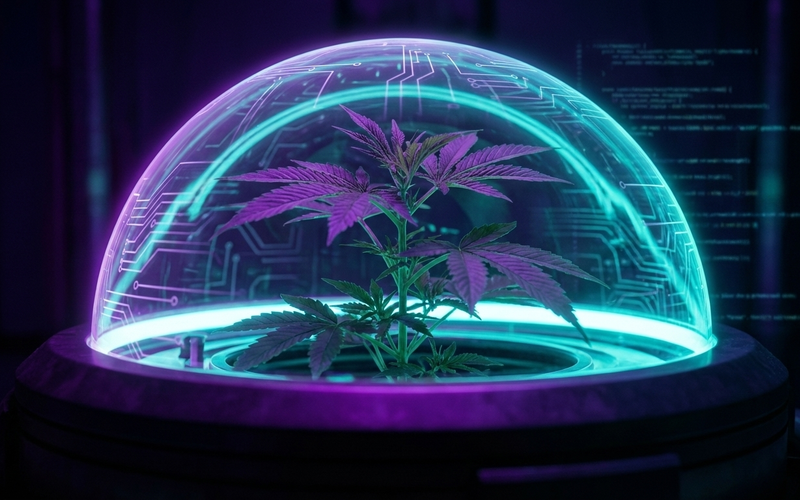 Futuristischer Cannabis Steckling in einer leuchtenden lila-türkisen Cyberpunk-Anzuchtkapsel. Symbolbild für moderne, legale Anbaumethoden von Cannabis-Jungpflanzen in Deutschland.