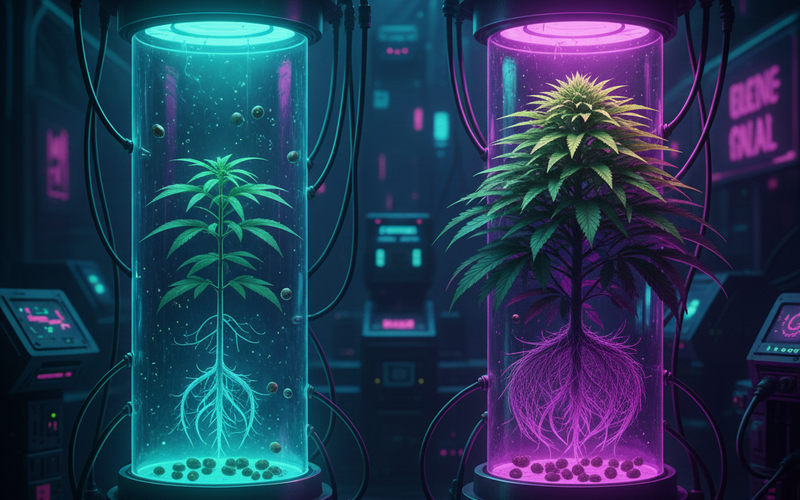 Cyberpunk Vergleich: Ein überlegener Cannabis Steckling (Klon) mit massivem Wurzelwerk in lila-leuchtender Röhre gegenüber einer kleineren, aus Samen gewachsenen Pflanze. Das Bild verdeutlicht den genetischen Vorteil von Strainlab Premium-Stecklingen.