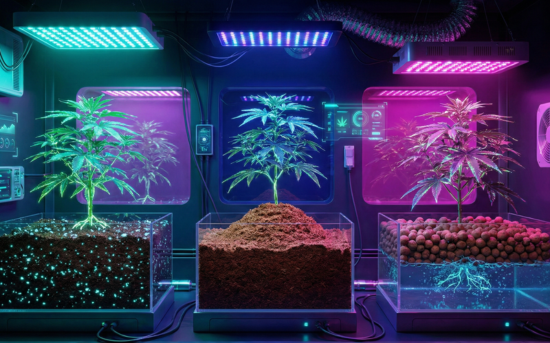 Cyperpunk-Grow-Room mit drei Cannabis-Pflanzen, die in transparenten Behältern verschiedene Substrate zeigen: Erde, Kokos und Hydroponik (Blähton/Wasser). Die Szene ist von türkisen und lila LED-Grow-Lichtern beleuchtet