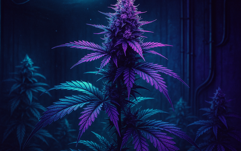 Cannabis Anbau für Anfänger: junge Pflanze in vegetativer Phase unter LED-Grow-Lampe im Indoor-Zelt