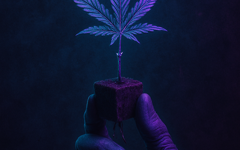 Cannabis-Steckling im Rockwool-Block, gehalten in lila Handschuh vor dunkel-türkisem cyberpunk Hintergrund – Symbolbild für „Dein erster Steckling – was nun?“ Grow-Anleitung