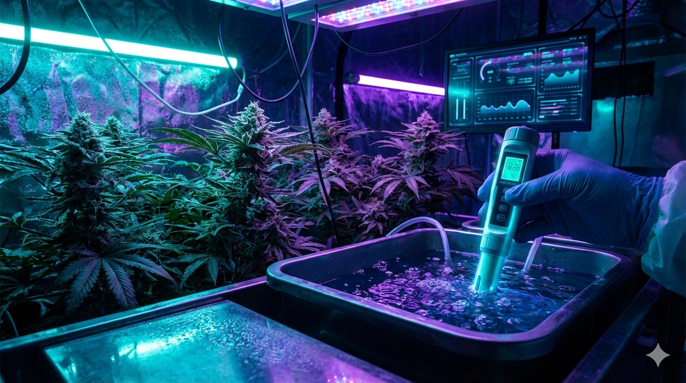 Hand mit einem digitalen EC-Messgerät zur Kontrolle der Nährlösung (TDS, PPM) bei Cannabis-Pflanzen in einem modernen Grow-Setup – StrainLab Guide