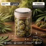 1100ml Cannabis Behälter aus Borosilikatglas mit luftdichtem Verschluss zur geruchsdichten Aufbewahrung von Cannabisblüten. UV-Schutz bewahrt Terpene, Aroma und Frische.