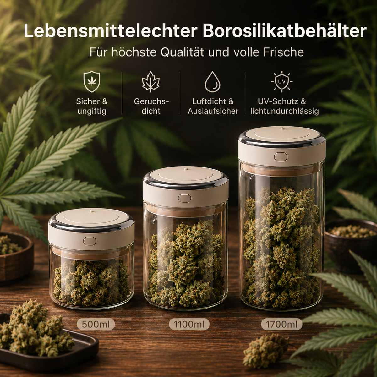 Premium Cannabis Aufbewahrung aus Borosilikatglas mit luftdichtem Verschluss, Geruchsschutz und UV-Schutz. Die Behälter bewahren Cannabisblüten frisch und schützen Terpene sowie Cannabinoide vor äußeren Einflüssen.