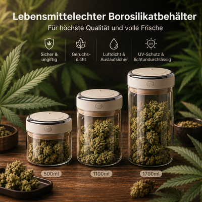 Premium Cannabis Aufbewahrung aus Borosilikatglas mit luftdichtem Verschluss, Geruchsschutz und UV-Schutz. Die Behälter bewahren Cannabisblüten frisch und schützen Terpene sowie Cannabinoide vor äußeren Einflüssen.