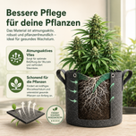 Cannabis Pflanze in atmungsaktivem Grow Bag aus Vliesstoff mit sichtbarer Wurzelentwicklung. Der Stofftopf fördert die Belüftung der Wurzeln, verhindert Staunässe und unterstützt gesundes Wachstum beim Indoor- und Outdoor-Cannabisanbau.