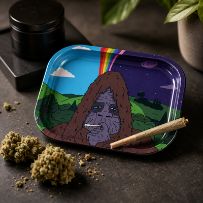Gorilla Rainbow Rolling Tray 18×14 cm aus Metall mit Cannabisblüten und Joint – stylisches Drehtablett
