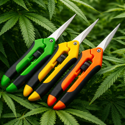 Präzise Gartenscheren in Grün, Gelb und Orange für Cannabis-Anbau, scharfe Erntescheren auf Hanfblättern zur Pflanzenpflege und Ernte