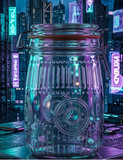 Transparentes Vorratsglas mit Prägemuster vor einem futuristischen Cyberpunk-Hintergrund in Türkis und Lila für den Strainlab Onlineshop.